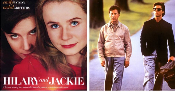 Plaköt myndanna Hilary and Jackie og Rain Man. Jackie í myndinni er með MS og Raymond er með einhver…