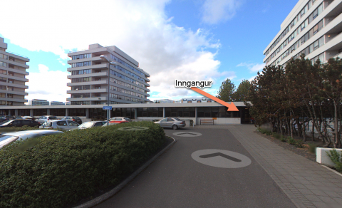 Inngangur í Hátún 10 er hægra megin við bílastæðin við Hátúnsblokkirnar